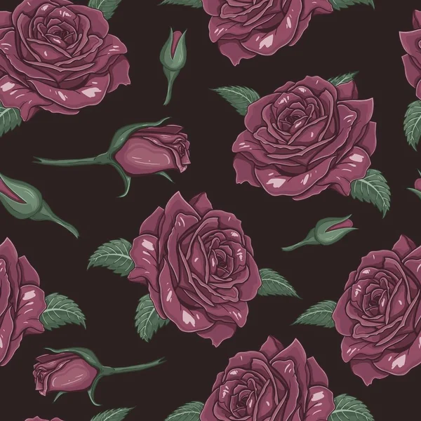 Patrón Rosas Sin Costuras Estilo Vintage Sobre Fondo Negro Diseño — Archivo Imágenes Vectoriales