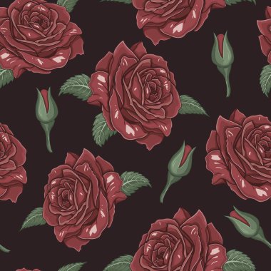 Roses seamless pattern in vintage style on a black background. Vector illustration design.