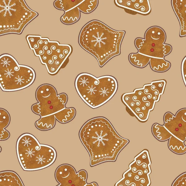 Kusursuz desenli Noel kurabiyeleri hafif arka planda. Vektör illüstrasyonu.