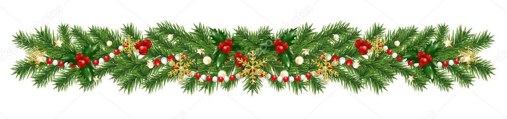 Christmas border decorations garland with fir branches, golden snowflakes, holly berries and beads. Design element for Xmas or New Year on white background. Vector illustration.