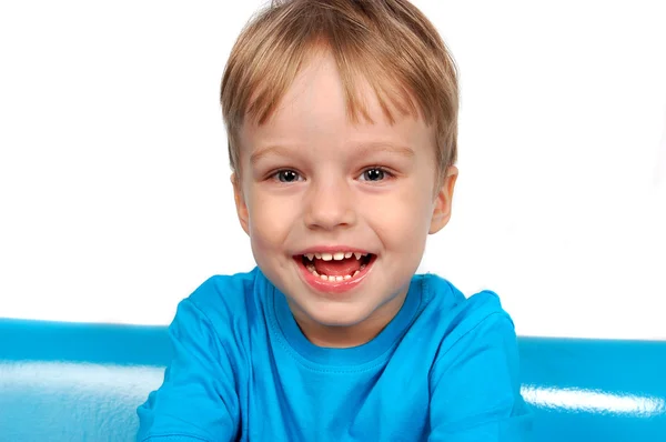 Portrait of happy smiling little boy on white background Stock Image