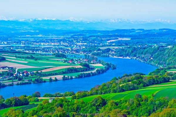 Blå Donau Niederösterreich Melk Region Med Snöiga Alperna Bakgrunden Vackert — Stockfoto