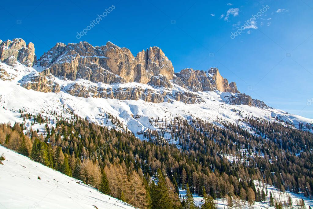 Ski slope in Dolomites mountains, Carezza / Karersee ski resort area, Italy, South Tyrol