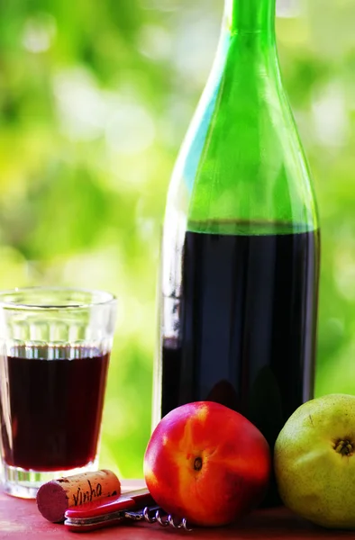 Botella de vino tinto y frutas maduras — Foto de Stock