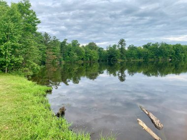 Wisconsin tatlı su gölü. Arkasında yeşil ağaçlar ve bulutlar var.