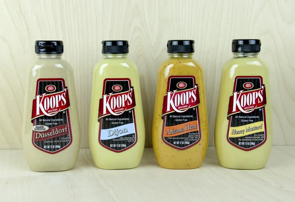 Variety of Koop's Mustard Bottles. — Stock Photo, Image