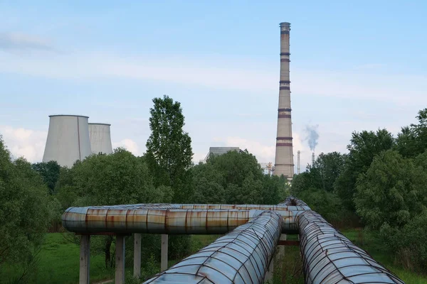 View of heat electric power station and district heating lines, heat supply of city