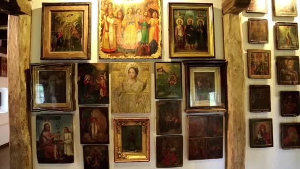 Old icons inside Radomysl Castle — Stock Video