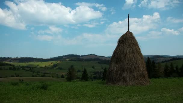 Clouds and haystack on green field — Stock Video