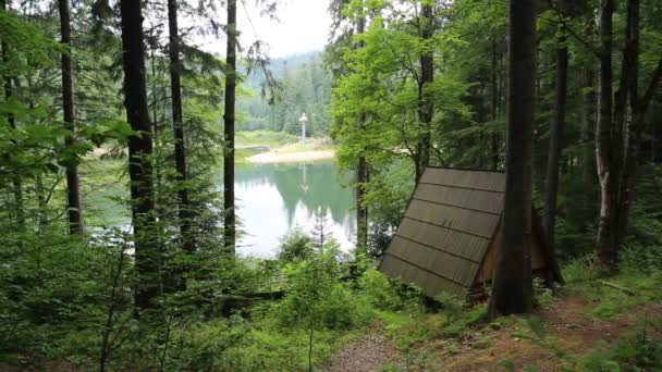 Ξύλινα summerhouse δίπλα στη λίμνη Synevir στην Ουκρανία — Αρχείο Βίντεο