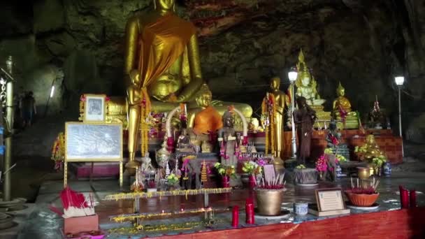 Menschen und goldene Buddha-Statue — Stockvideo