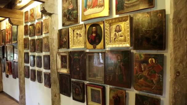 Old icons inside Radomysl Castle — Stock Video