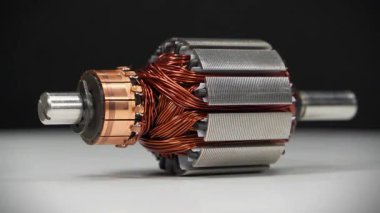 Siyah arka planda, perküsyon masajcısı olarak adlandırılan, küçük bir ev aletinin bakır bobinli elektrikli bir motorun armatür veya rotoru.