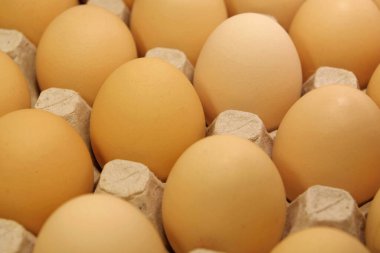 Tepside koyu bej, temiz tavuk yumurtası, yakın plan fotoğraf.