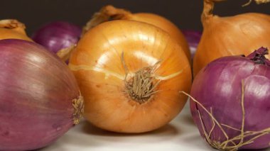Ampul soğanı ve kırmızı soğan, ayrıca mor soğan olarak da bilinir. Soğan - sağlık için yararlı özelliklere sahip çok sağlıklı bir ürün, yakın çekim video