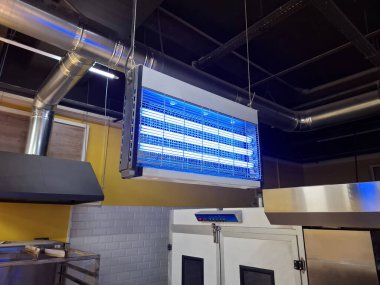 Böcek öldürücü. Elektronik sivrisinek öldüren fener. Elektrikli ultraviyole böcek ilacı katili. Fırının mutfağında lamba tuzağı. Süpermarkete sinekler, sivrisinekler ve sinekler için mor ötesi lamba tuzağı