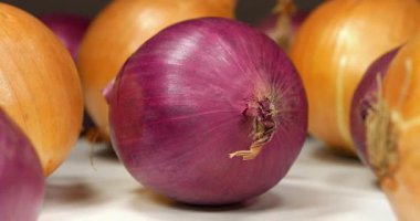 Ampul soğanı ve kırmızı soğan, ayrıca mor soğan olarak da bilinir. Soğan - sağlık için yararlı özelliklere sahip çok sağlıklı bir ürün, yakın çekim video