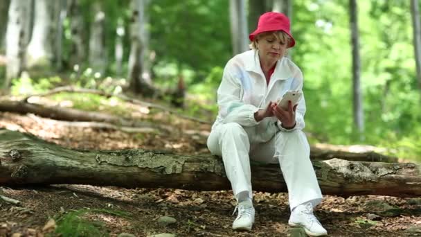 Mujer en el bosque utiliza smartphone — Vídeos de Stock