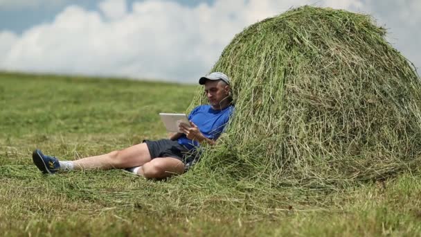 Mann in blauem T-Shirt liegt auf Heuhaufen — Stockvideo