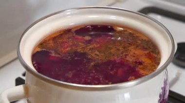 Kırmızı Ukrayna çorbası tencerede kaynıyor. Ukrayna 'nın ulusal yemeği. Ukrayna mutfağının ana yemeği. Ukrayna borsası gaz sobasında pişirilir. İlk yemekleri pişiriyorum.