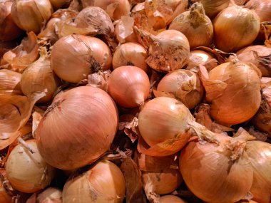 Markette soğan. Süpermarket raflarında sebzeler. Market tezgahları olgun meyve ve mevsimlik sebzelerle dolu.