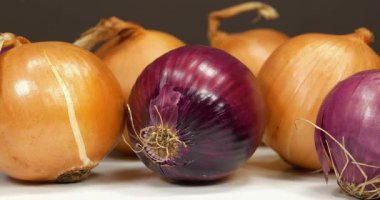 Ampul soğanı ve kırmızı soğan koyu arkaplanda döner. Soğan - sağlık için yararlı özelliklere sahip sağlıklı ürün