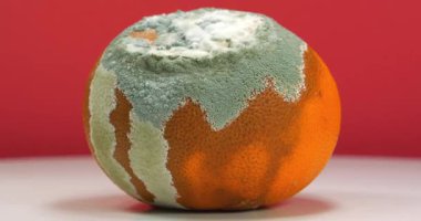 Küflü Mandarin. Aflatoksinli çürük mandalina. Mandalina küfle kaplı. Olgunlaşmış ve çürümüş narenciye, çürümüş mandalina kırmızı arka planda dönüyor.