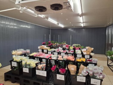 KYIV, UKRAINE, 17 Temmuz 2025: bir çiçekçide buketler dolusu çiçek. Çiçekçinin içi. Taze çiçek ve bitki satışı