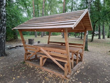 Bir orman parkında dinlenmek ve yemek yemek için yeni, ahşap bir çardak ve çatılı bir masa. Küçük bir açık hava yapısıdır ve genellikle bahçelerde veya parklarda dinlenmek için kullanılır, çatısı ve açık duvarları vardır.
