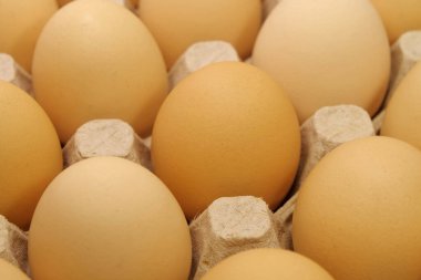 Tepside temiz sarı tavuk yumurtası. Koyu bej tavuk yumurtaları, yakın plan fotoğraf.