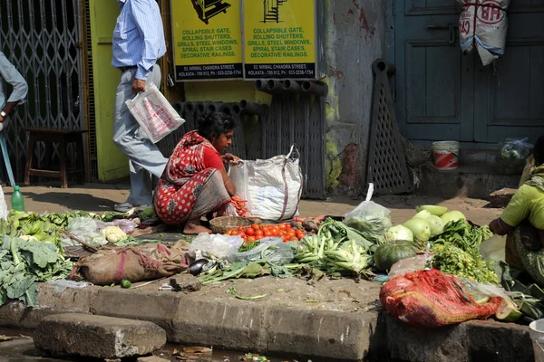 Comerciante Callejero Vende Verduras Aire Libre Calcuta India — Foto de Stock
