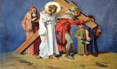 5th Stations of the Cross, Simon of Cyrene carries the cross clipart