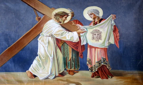 6ème Chemin de Croix, Veronica essuie le visage de Jésus — Photo