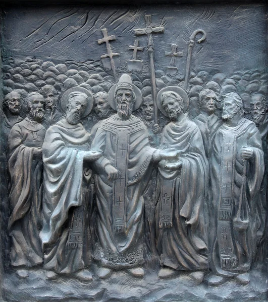 Monument av St. Cyril och Methodius i centrala Skopje, Makedonien — Stockfoto