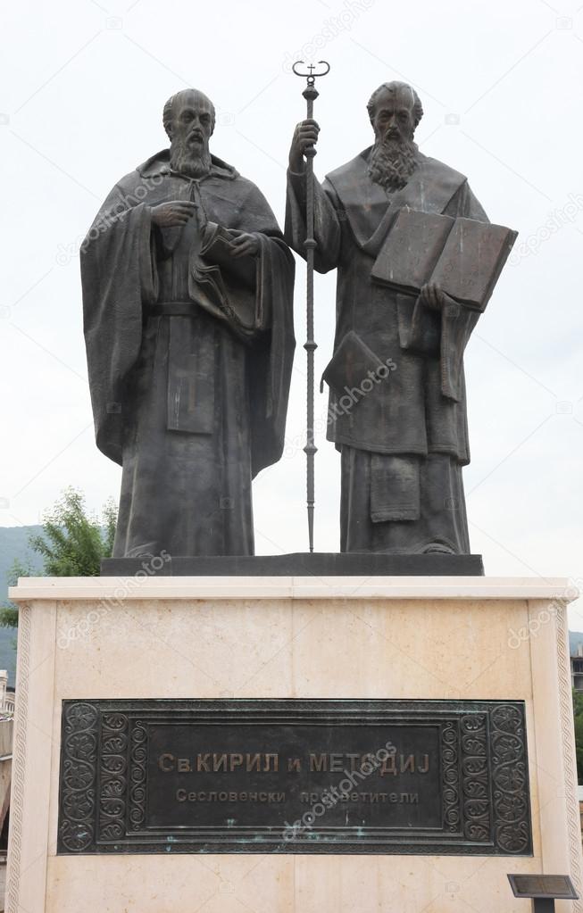Statue of Saint Cyril and Saint Methodius in Skopje in downtown of Skopje, Macedonia