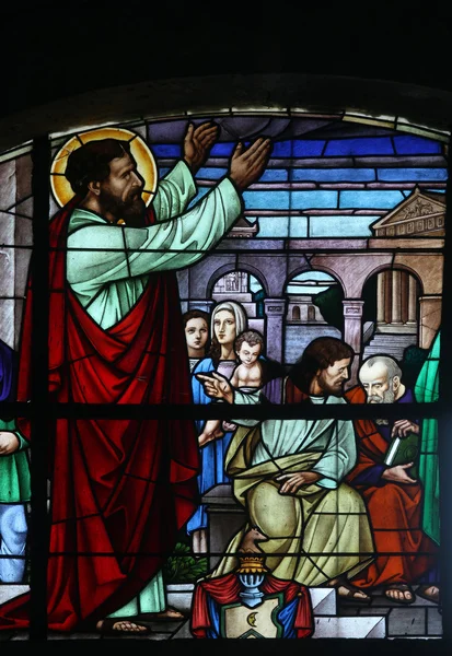 Stained glass window in the Church of the Birth of the Virgin Mary in Prcanj, Montenegro — Stock Photo, Image