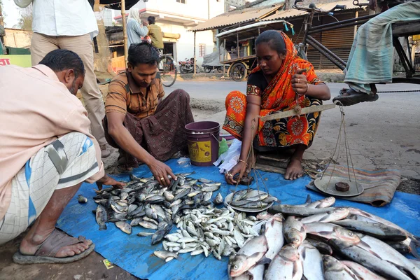 Oidentifierad man säljer fisk på fiskmarknaden i Kumrokhali, Väster Bengal, India — Stockfoto