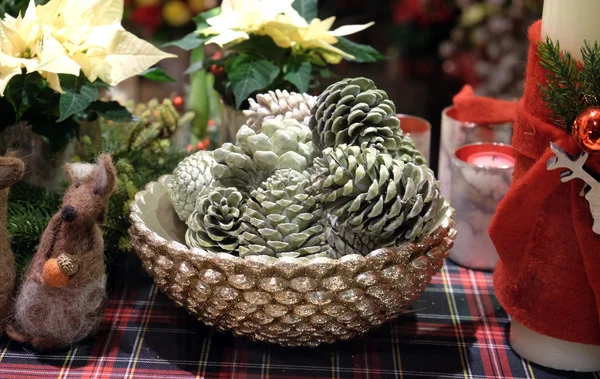 Christmas basket with pine cones — Stock Photo, Image