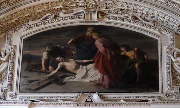 Undécimo Estaciones de la Cruz, Crucifixión: Jesús es clavado en la cruz, fragmento de la cúpula en la Catedral de Salzburgo — Foto de Stock