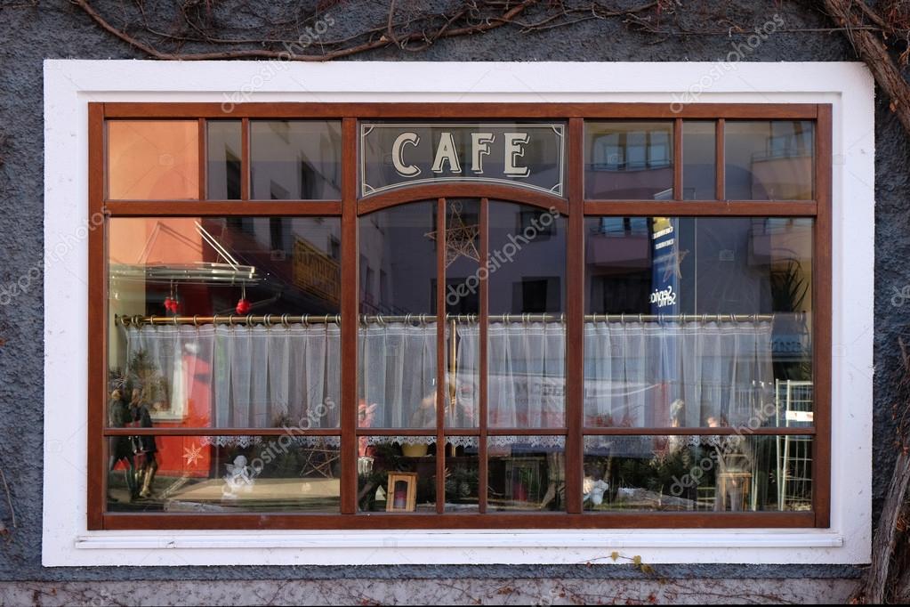Window of coffee shop in Bad Ischl, Austria on December 14, 2014.