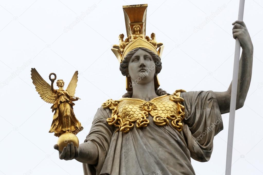 Pallas Athene Greek goddess of wisdom in front of Austrian parliament, Vienna, Austria on October 11, 2014.