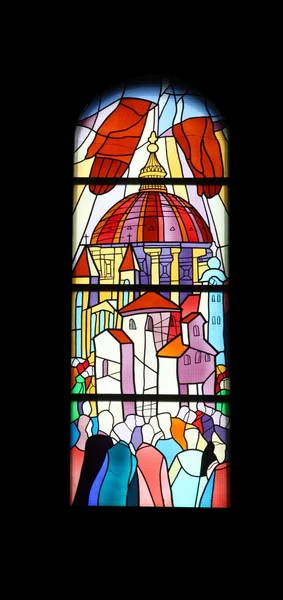 Stained glass church window in the parish church of St. James in Medugorje — Stock Photo, Image