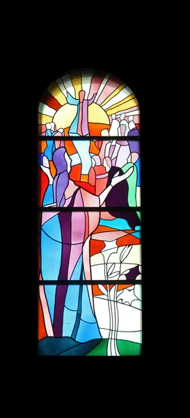 Stained glass church window in the parish church of St. James in Medugorje — Stock Photo, Image