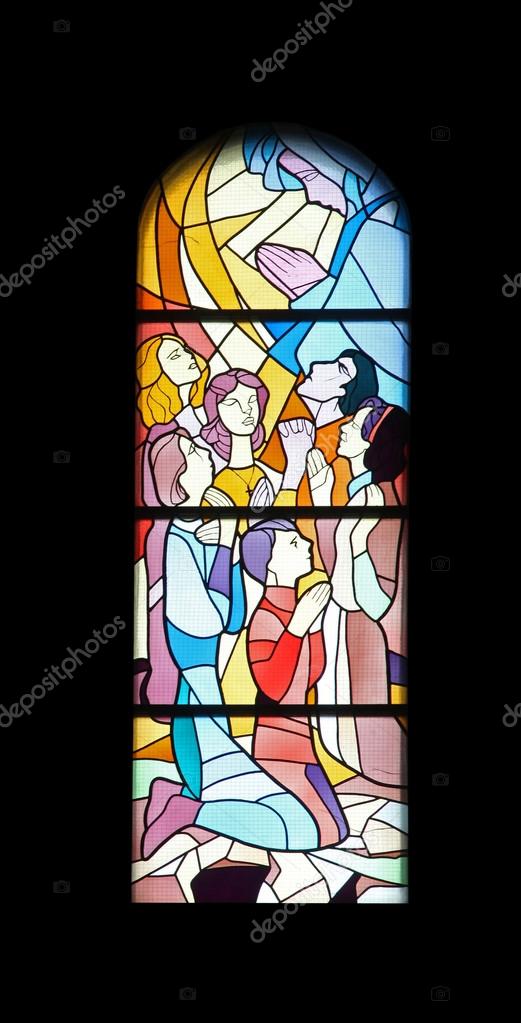 Stained glass church window in the parish church of St. James in ...