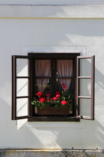 Ξύλινο σπίτι παράθυρο στο ιστορικό χωριό Kumrovec, στην περιοχή Zagorje της Κροατίας — Φωτογραφία Αρχείου