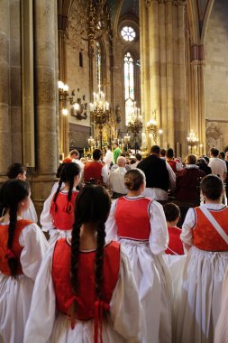 Zagreb, Hırvatistan - 19 Temmuz: Katılımcılar 49 Uluslararası Folklor Festivali Pazar 19 Temmuz 2015 tarihinde Hırvatistan Zagreb Katedrali kitle