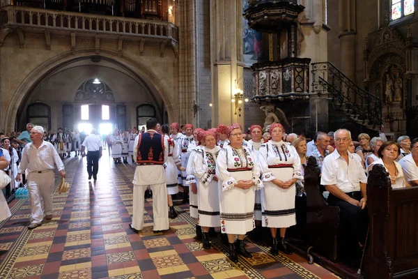 Zagrzeb, Chorwacja - 19 lipca: Uczestnicy 49 międzynarodowy festiwal folkloru w niedzielę masy w katedrze Zagrzeb, Chorwacja na 19 lipca 2015 — Zdjęcie stockowe