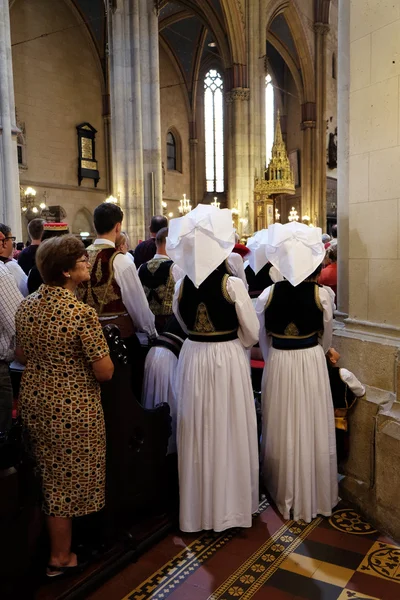 ZAGREB, CROÁCIA - 19 de julho: Participantes do 49th International Folklore Festival na missa dominical na catedral de Zagreb, Croácia, em 19 de julho de 2015 — Fotografia de Stock