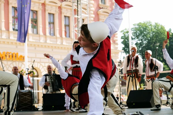 Zagreb, Kroatien - 19. Juli: Mitglieder der Folkloregruppe deshmoret e kombit aus Pristina, Kosovo während des 49. Internationalen Folklorefestivals im Zentrum von Zagreb, Kroatien am 19. Juli 2015 — Stockfoto
