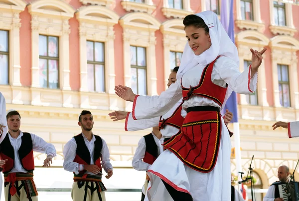 Záhřeb, Chorvatsko - 19. července: Členové lidové skupiny Deshmoret e Kombit Priština, Kosovo během 49 Mezinárodní folklorní Festival v Záhřebu, Chorvatsko na 19 července 2015 — Stock fotografie